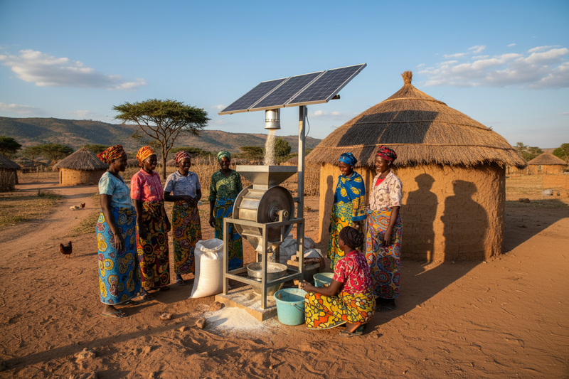 A group of women standing around a flour mill that is solar powered outside a small hut in a rural african setting