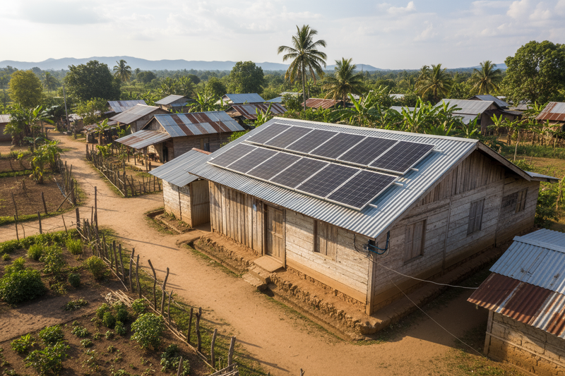 I want a solar panel in a rural village setting on a house with corrugated iron rooftop