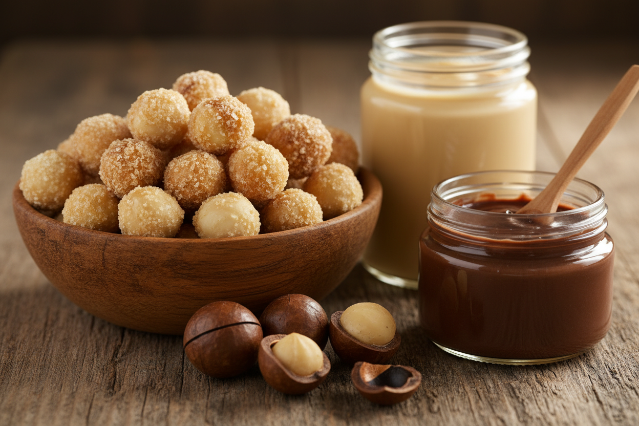 Put the spoon in the chocolate jar instead...place some uncracked Macadamia in front of the wooden bowl