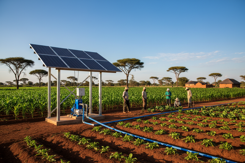 Solar irrigation pump in use on a farm in a rural african setting